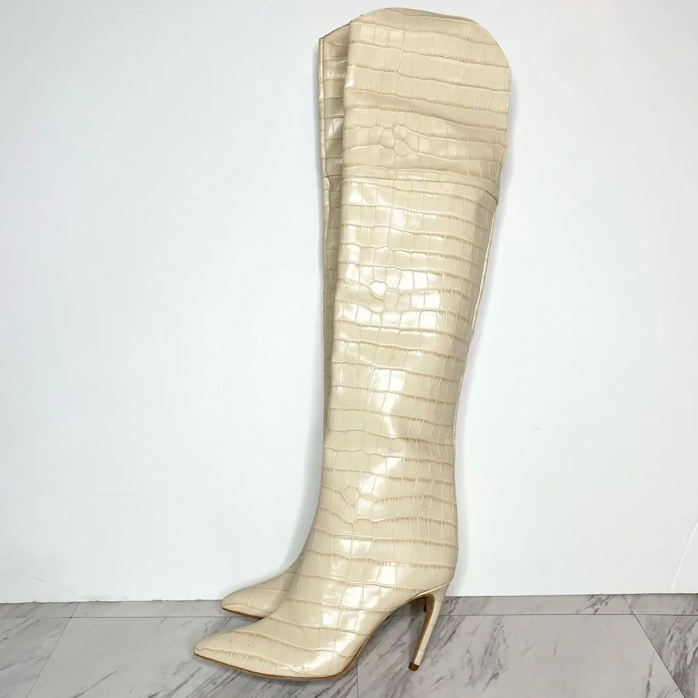 Schutz Maryana Eggshell Crocodile Over The Knee Boot 8 1/2 B